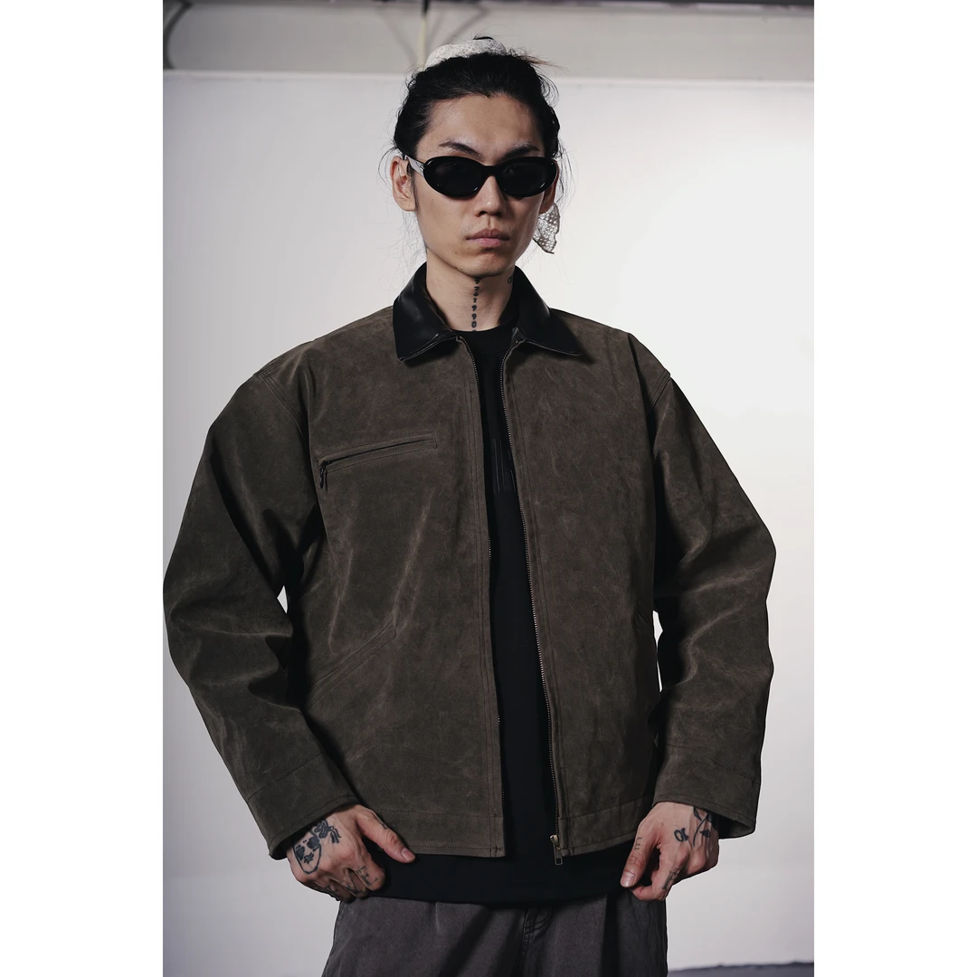 凯尔MAX复古美式工装硬朗反绒PU夹棉cleanfit翻领外套底特律夹克