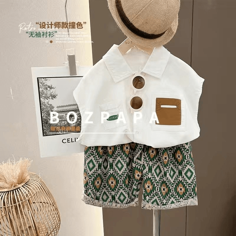 两件套童装宝宝无袖衬衫套装男童夏装洋气婴儿童衣服男孩帅气时髦