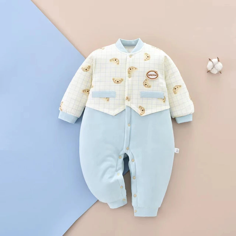 新生婴儿衣服外穿150G夹棉连体衣春秋装男女宝宝初生棉衣哈衣