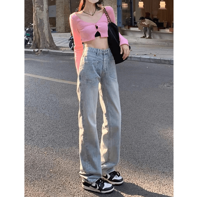 美式复古设计感小众垂感牛仔裤女春秋季高腰直筒宽松拖地阔腿长裤