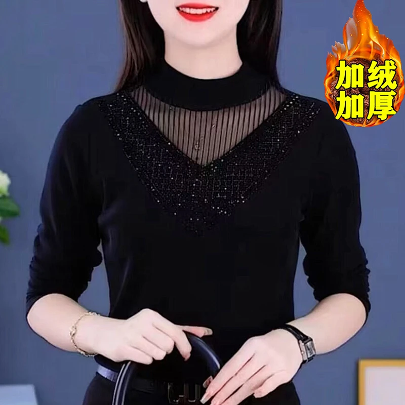 【12个花色】加绒/薄款烫钻网纱打底衫长袖秋冬半高领外穿加厚保暖