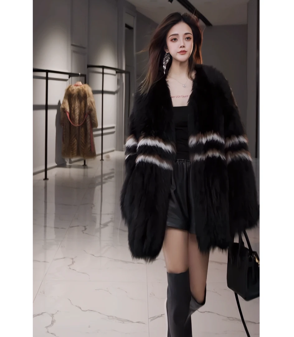 【思语】“黑白条” CC1018 狐狸毛编织皮草外套