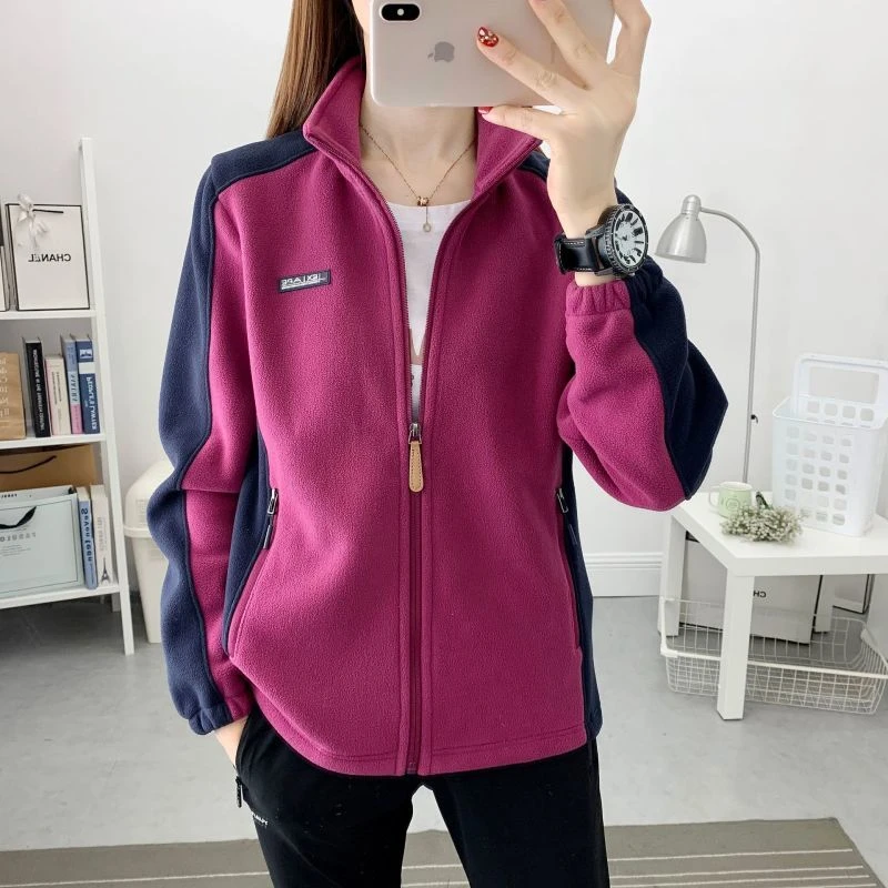 秋冬女拼色加厚保暖摇粒绒夹克徒步登山抓绒外套女装摇粒绒外衣女