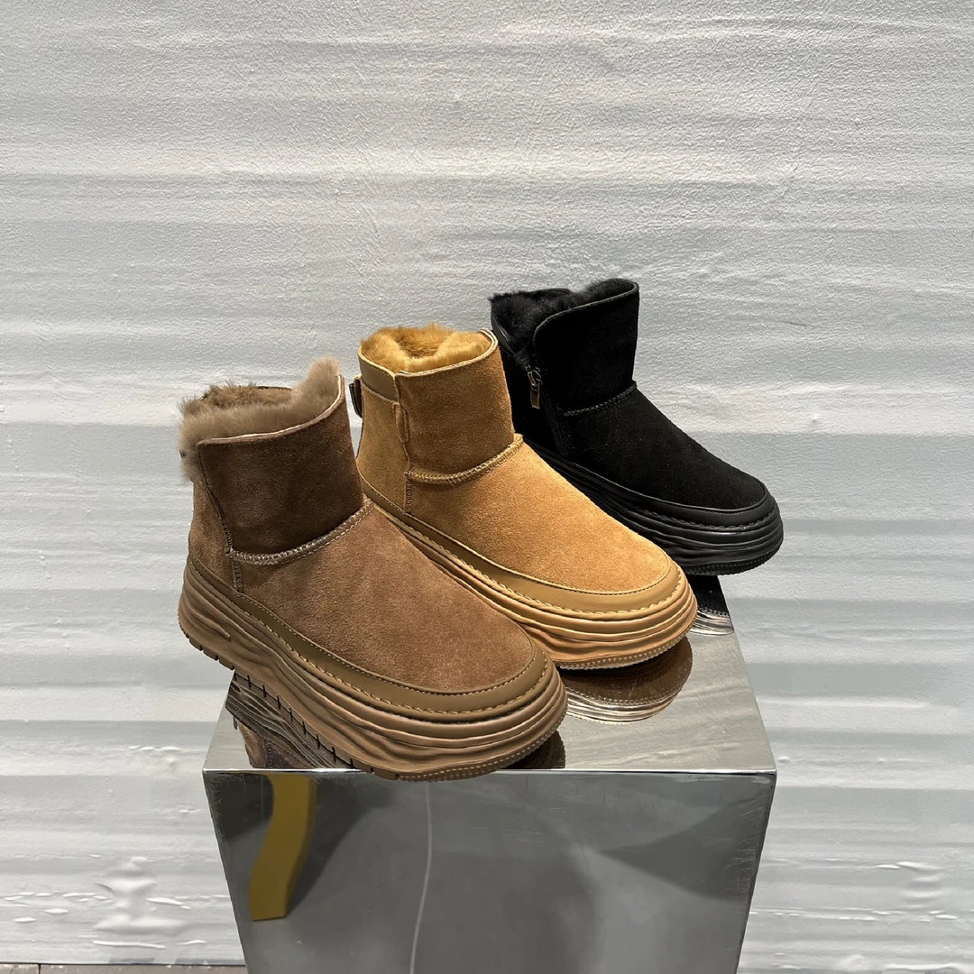 翻毛皮棉鞋女冬2023年新款厚底加绒短靴磨砂皮防滑保暖雪地靴PJC