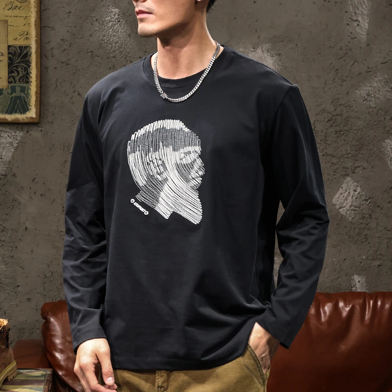 景君澜个性印花美式复古圆领长袖体恤男春秋季潮牌宽松打底衫男装