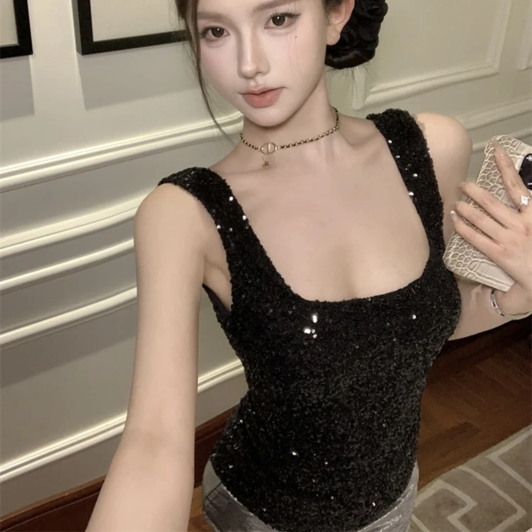 重工亮片短款吊带背心女夏季新款设计感修身显瘦辣妹银色无袖上衣