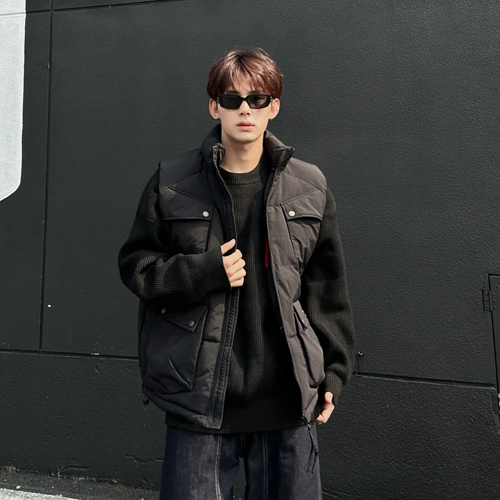 美式立领羽绒马甲男情侣冬季潮流大口袋工装马夹宽松大码轻薄外套