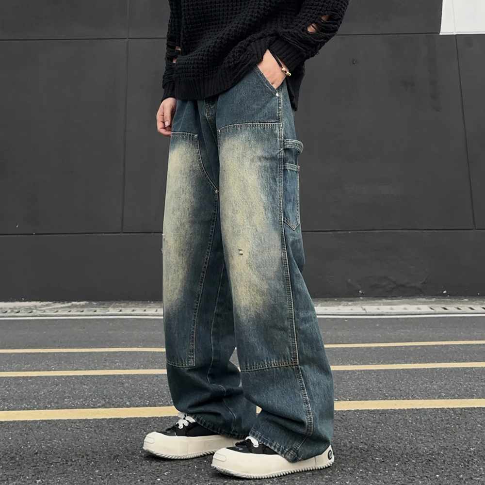 「双11好物」水洗做旧牛仔裤男高街拼接直筒伐木裤宽松牛仔裤男款