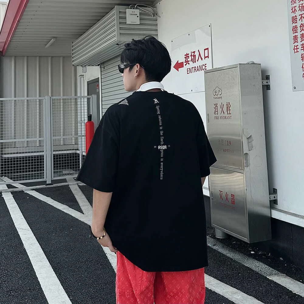 美式290克重磅高街短袖T恤男后背串珠字母刺绣半袖宽松落肩五分袖