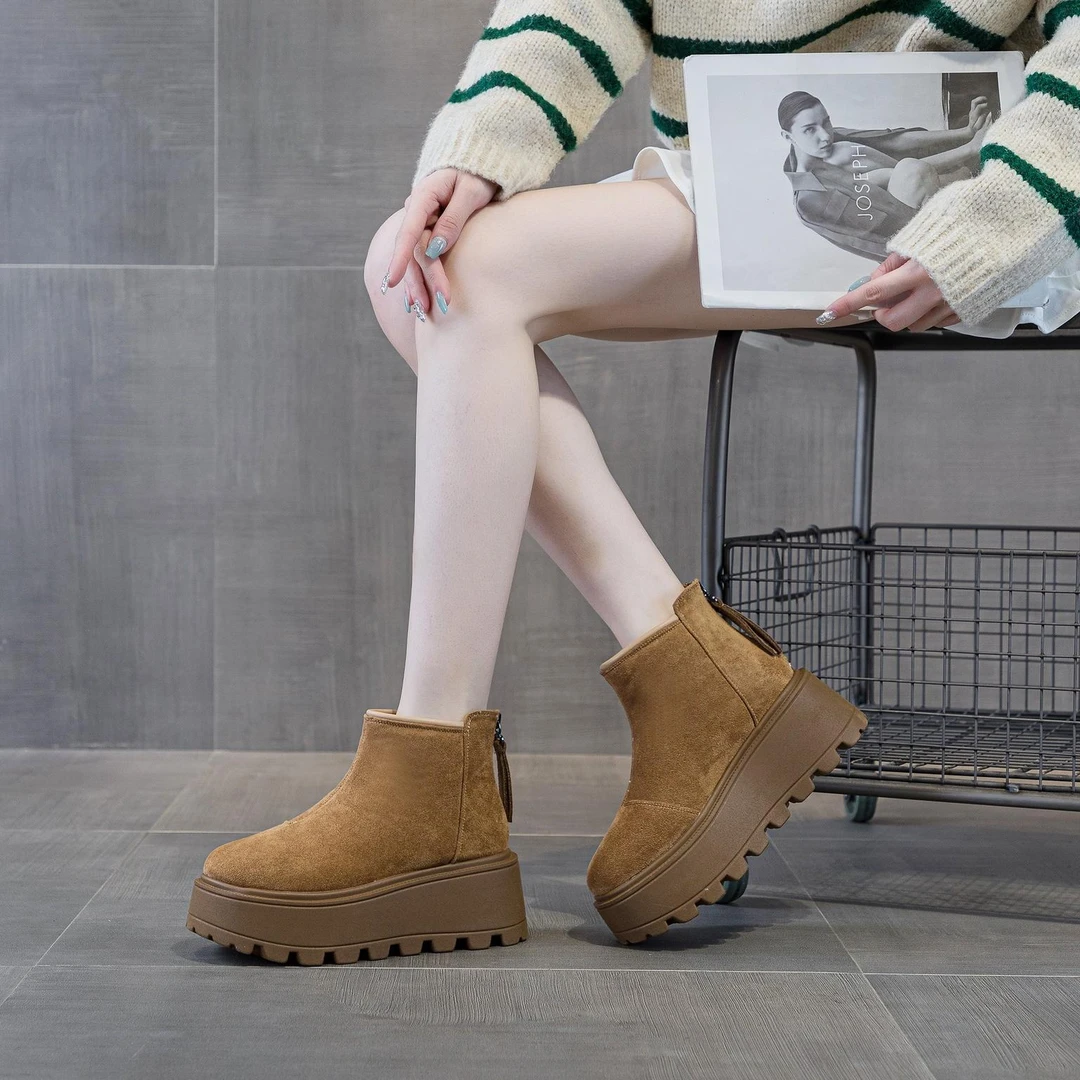 【增高7CM】小个子爆款真皮加绒保暖雪地靴女靴秋冬季轻便厚底休闲