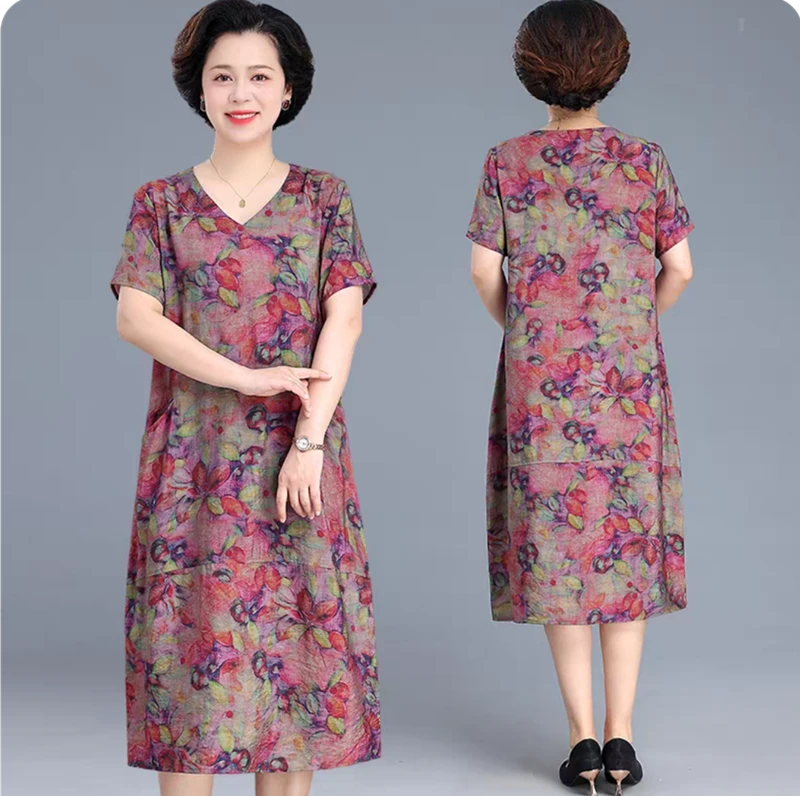 中老年妈妈夏季新款时尚印花连衣裙宽松大码遮肉显瘦休闲连衣裙