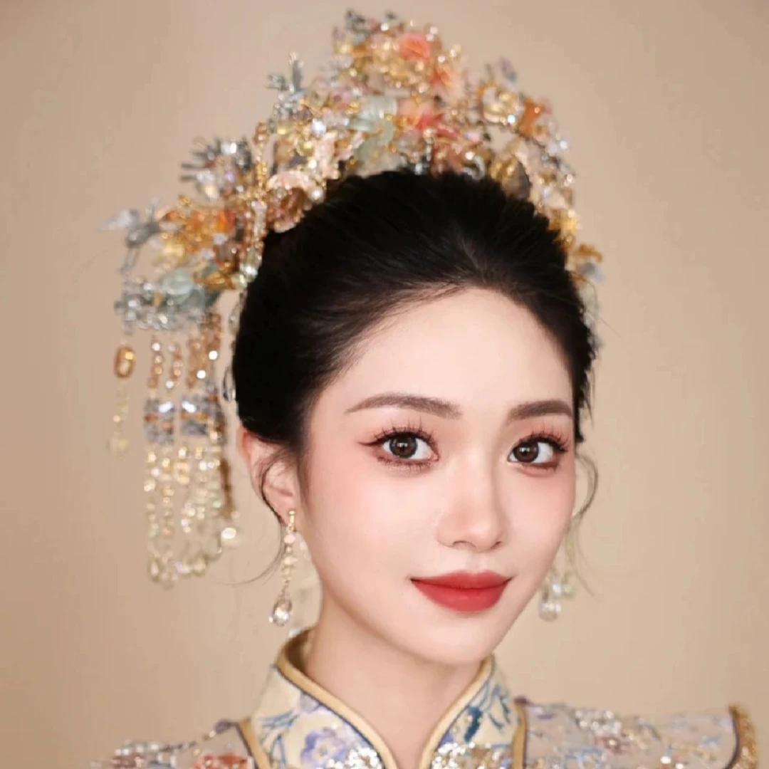 欧姿新娘金色饰品婚礼发饰轻奢重工琉璃凤冠结婚中式婚礼饰品102
