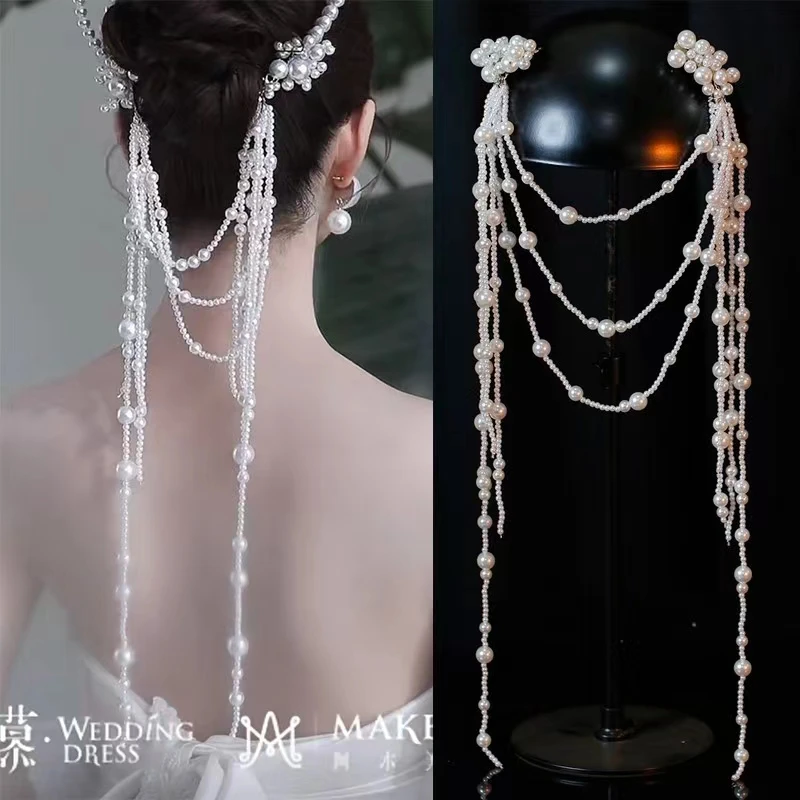 气质珍珠后压长流苏发饰白纱配饰跟妆结婚饰品003