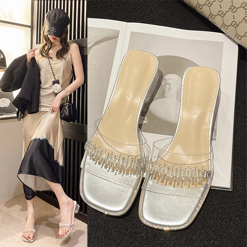 透明高跟拖鞋女水钻链条2024夏季新款露趾外穿凉拖水晶跟懒人半拖