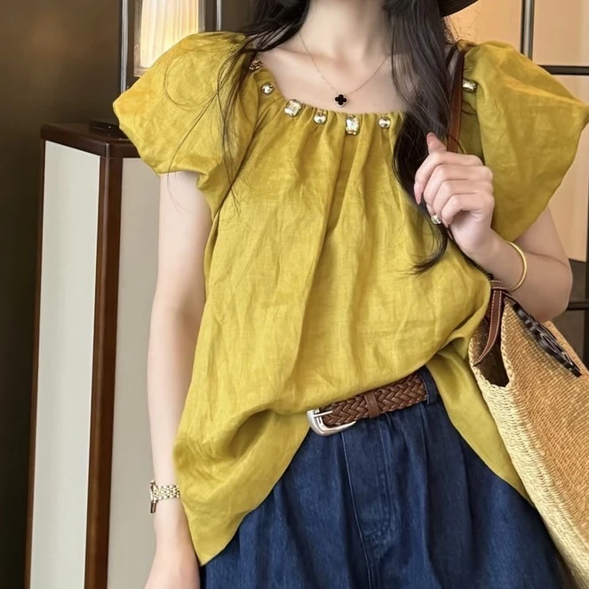 CW.MM 订钻泡泡袖宽松上衣