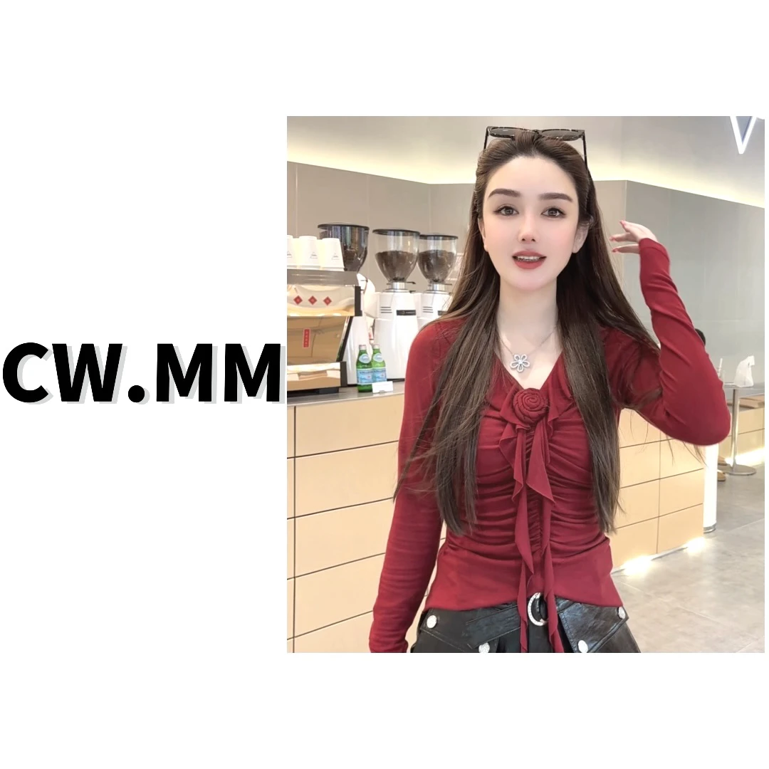 CW.MM【安可拉红】 设计感花朵飘带修身绵羊毛上衣