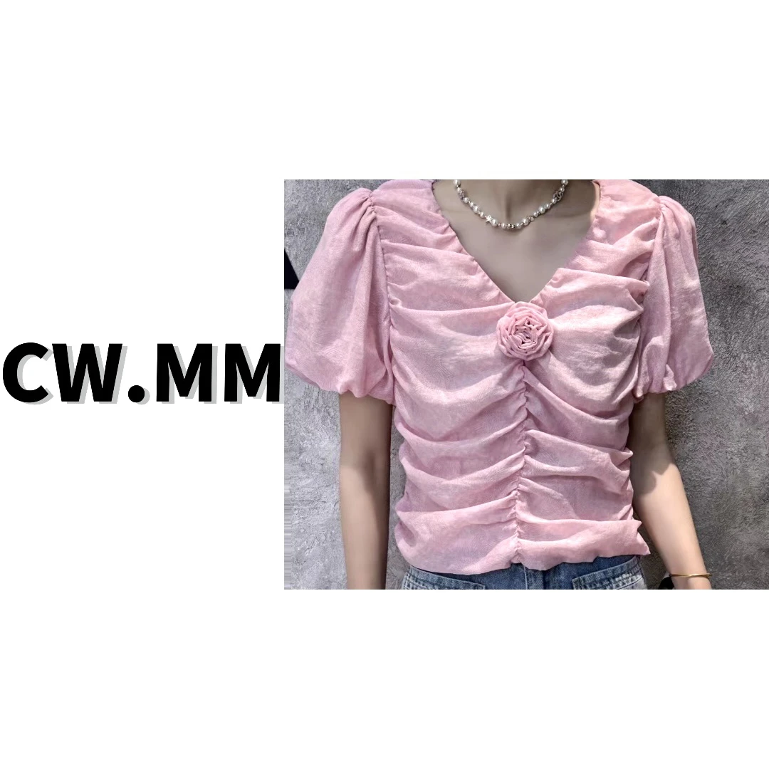 CW.MM 气质V领捏褶盘花泡泡袖上衣