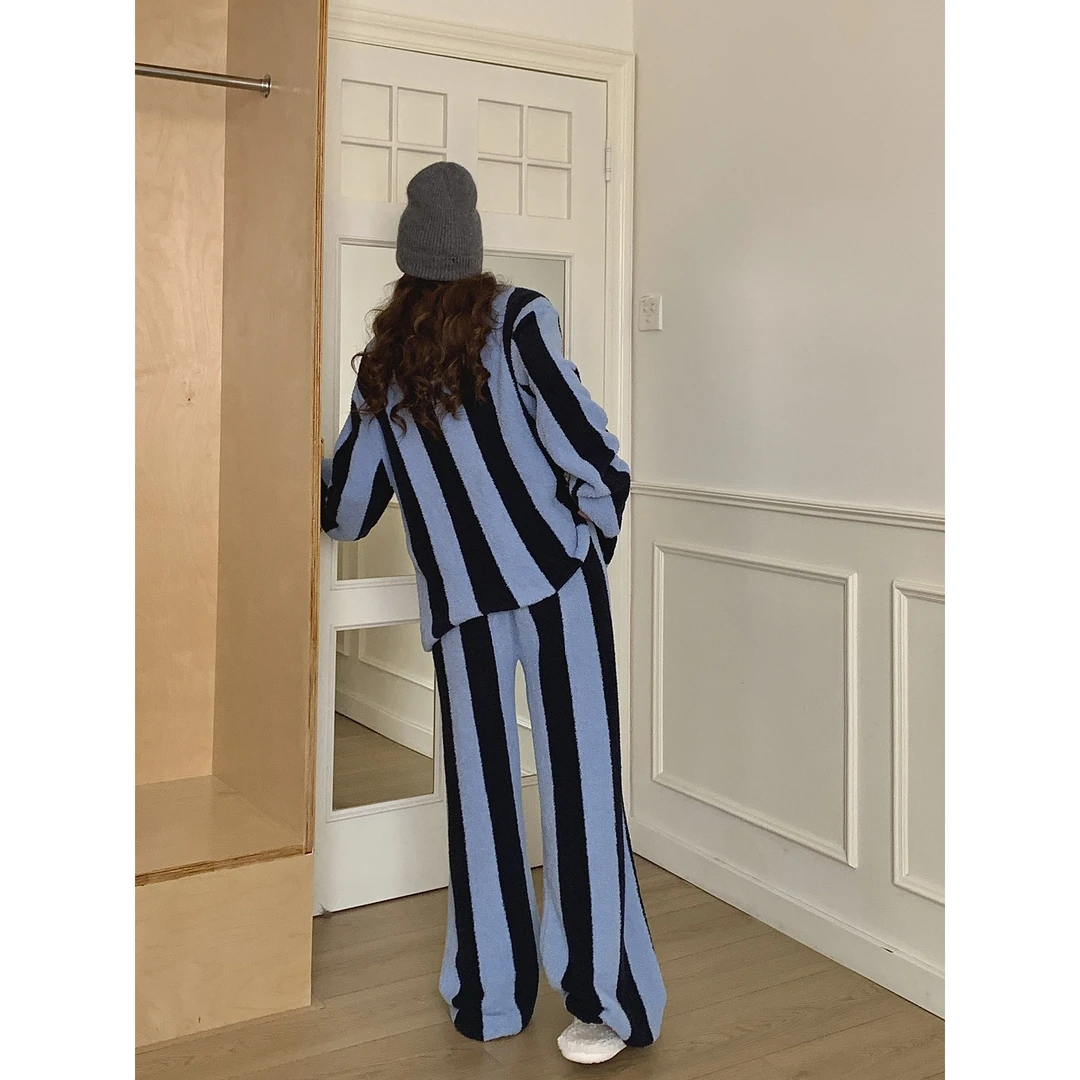 时梦也【野-SP藏青蓝条纹豹】2024套头半边绒情侣可外穿居家服