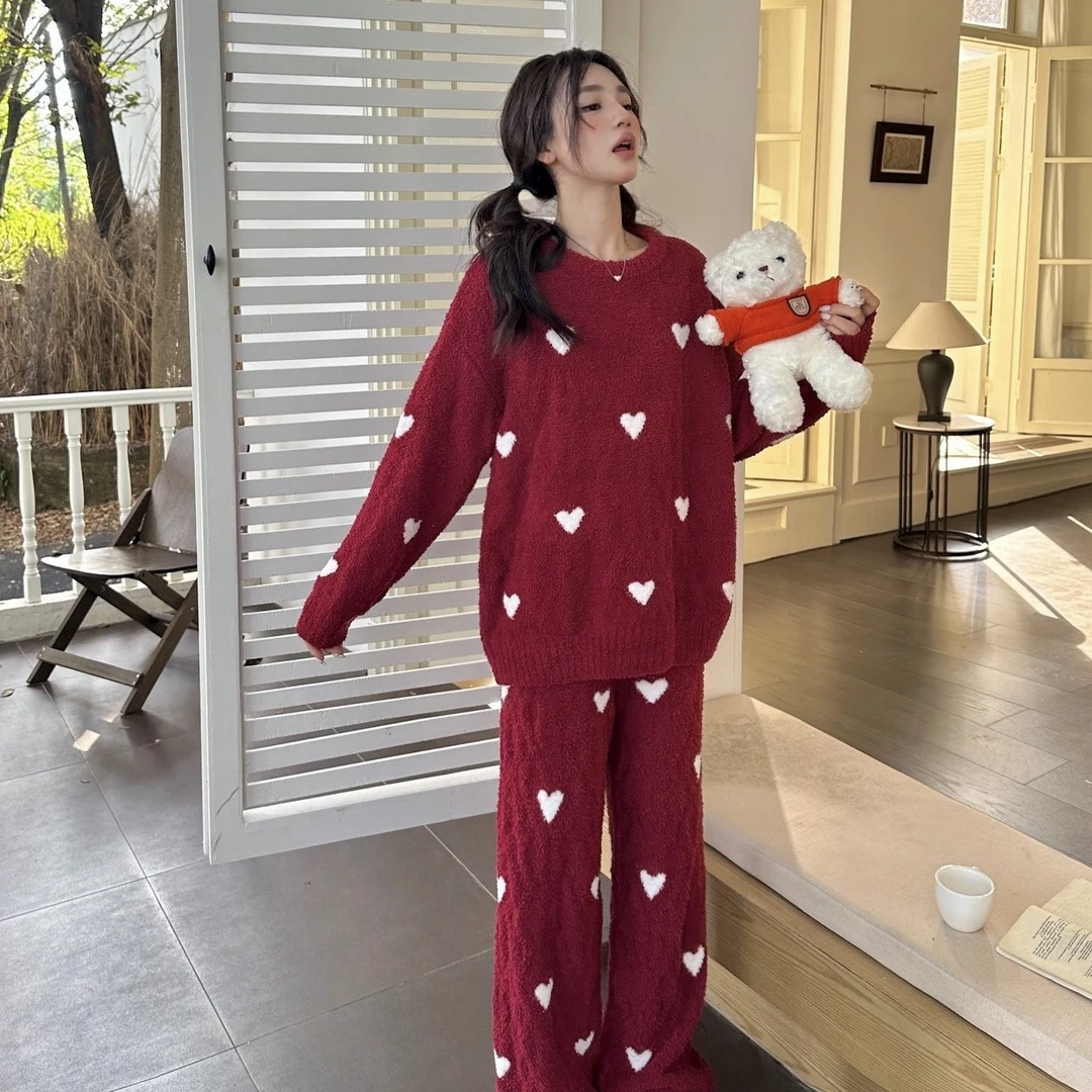 时梦也【针织小桃心】高质量甜美爱心针织麻花家居服保暖半边绒套头