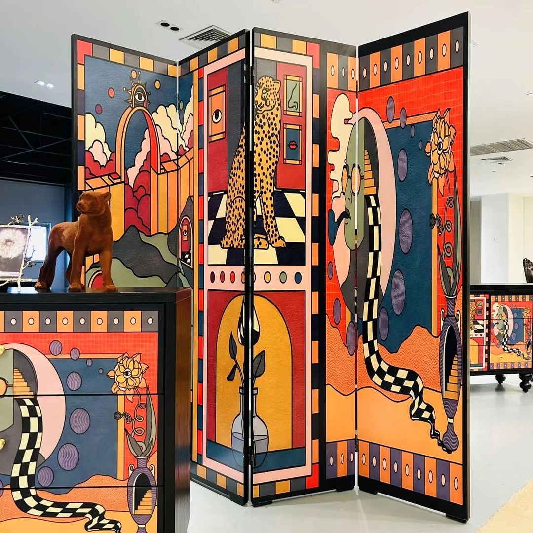 法式客厅家用创意折叠抽象猎豹四片屏风