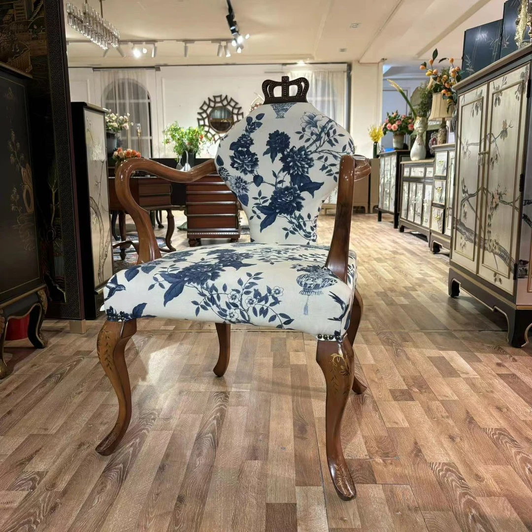 中式复古青花坐垫布艺复古餐厅客厅单人餐椅63x58x99