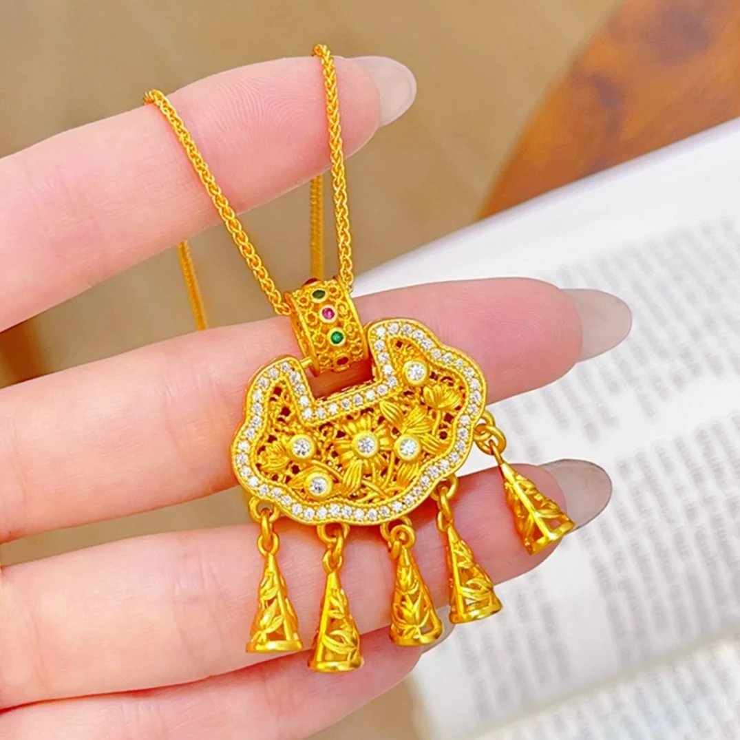 铜合金吊坠 古法新中式镂空莲华同心锁 点钻流苏锁包毛衣链