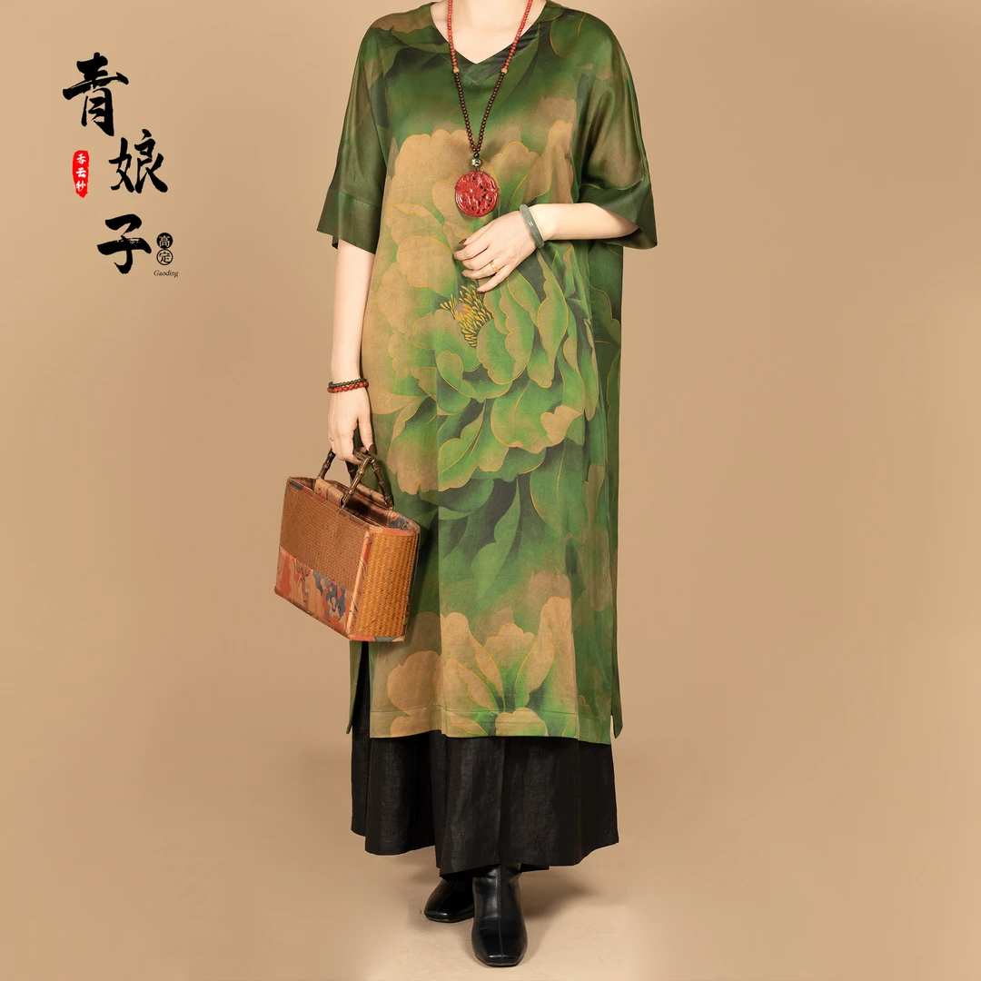 香云纱(西瑶)定位印花国风中长款中式宽松复古夏季连衣裙气质5006