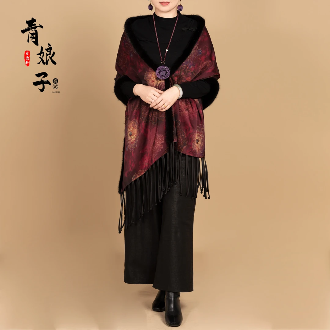 香云纱重缎印花拼接水貂毛双面百搭保暖秋冬时尚披肩爆款41347