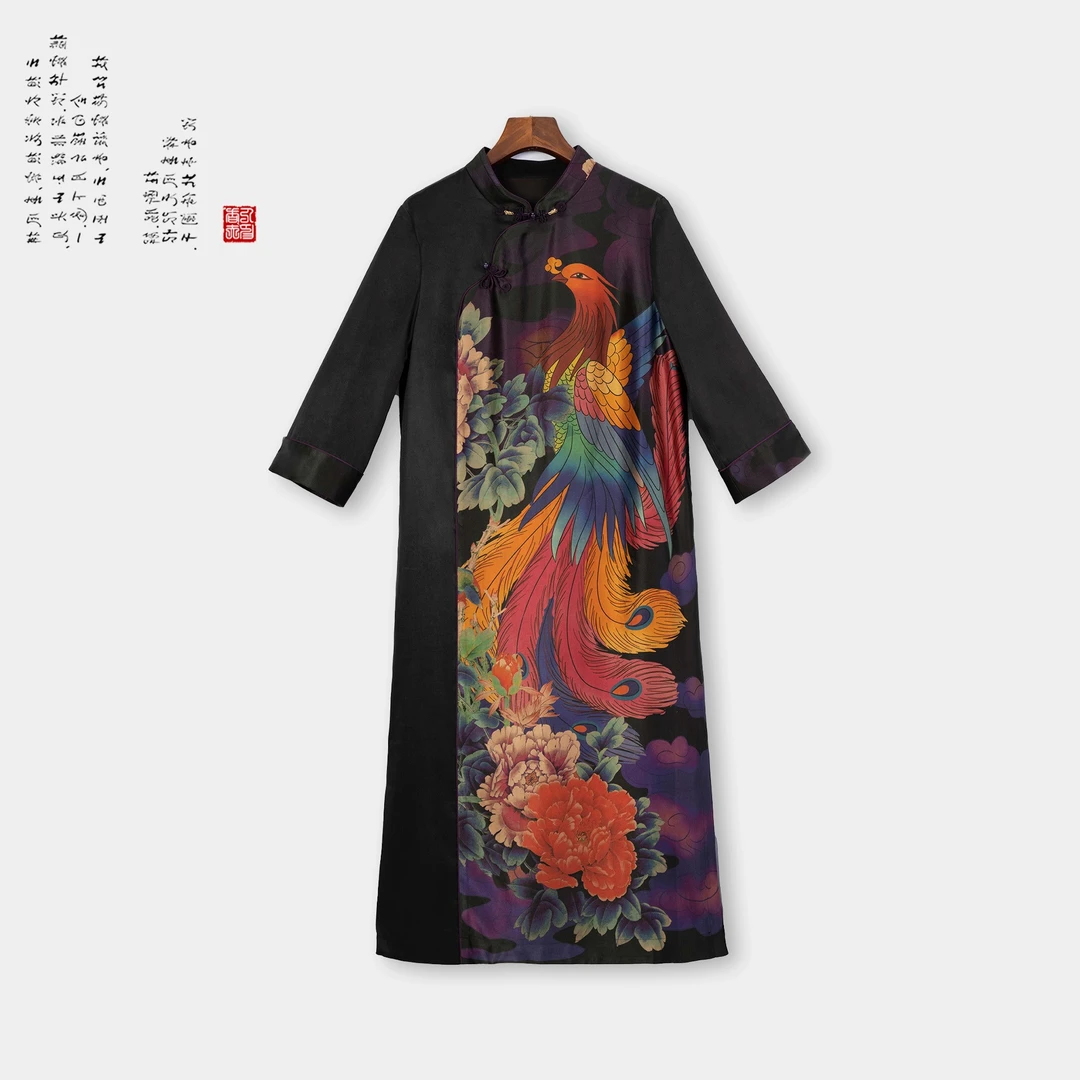 香云纱〔彩鸾〕重缎定位印花中式改良版长旗袍40466