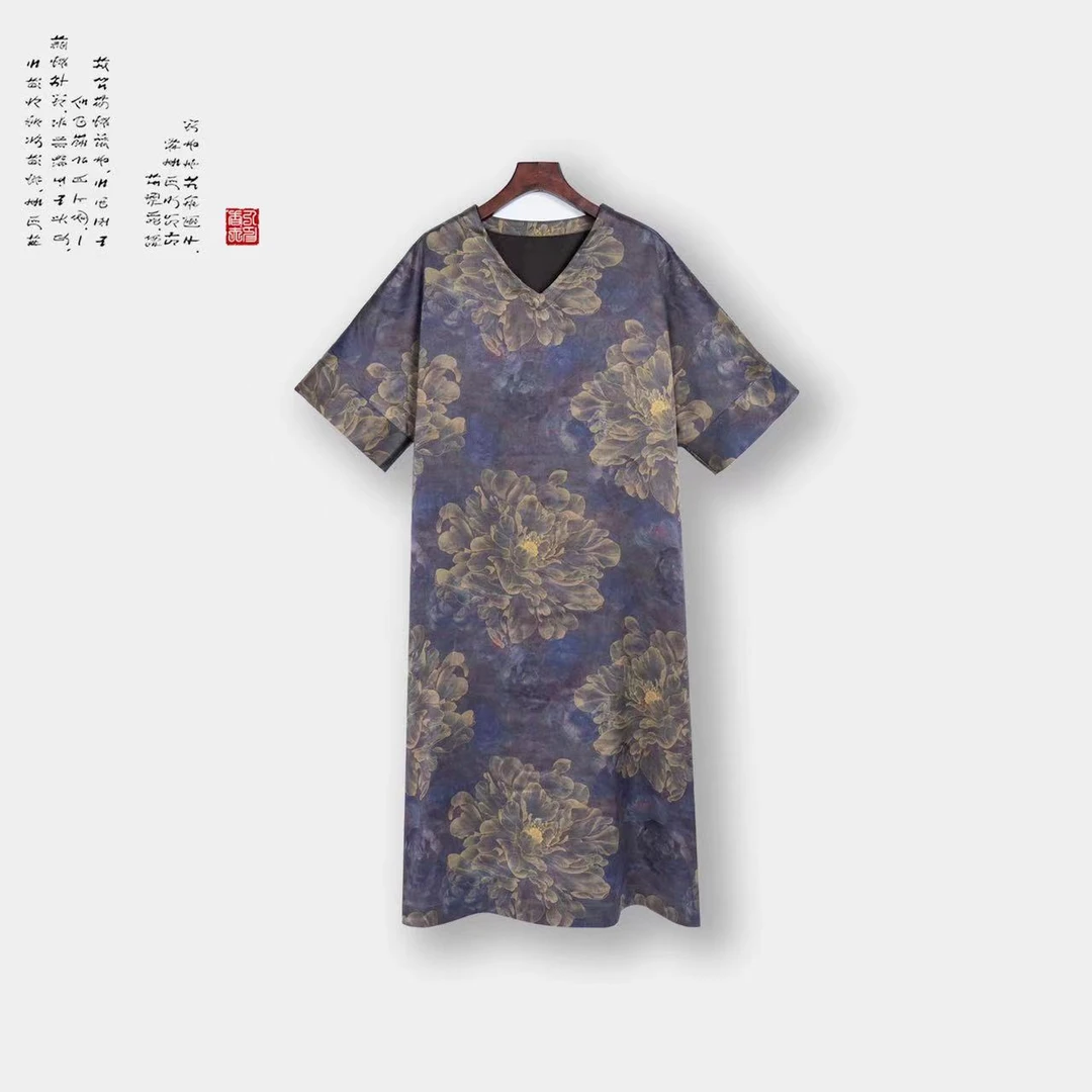 香云纱重磅重缎印花夏季长款宽松H型连衣裙 40983