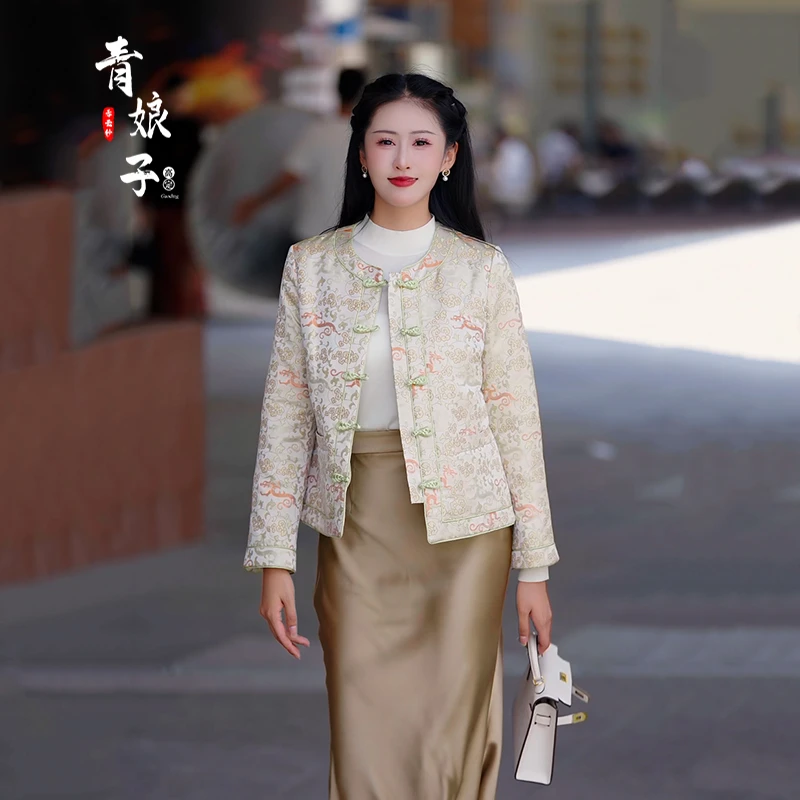 青娘子宋锦（絮苑)新中式宽松复古中国风立领秋冬驼绒短棉服-51110