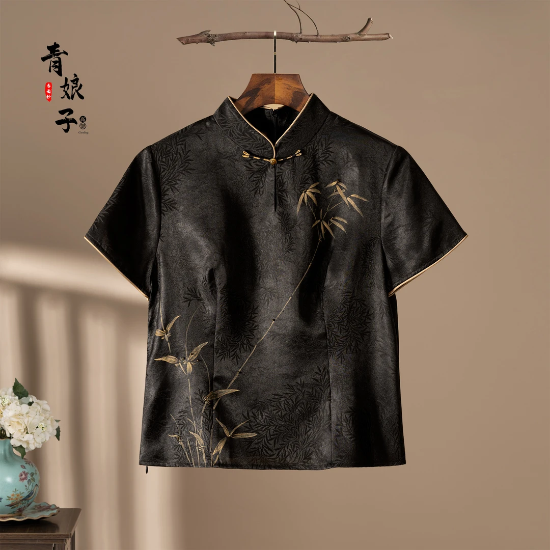 青娘子香云纱提花手绘串珠百搭上衣50552