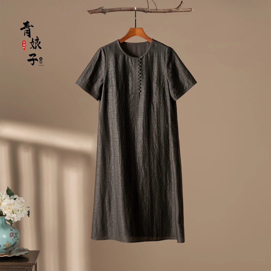 青娘子香云纱（寺瑾）龟裂纹时尚百搭宽松女装连衣裙50640