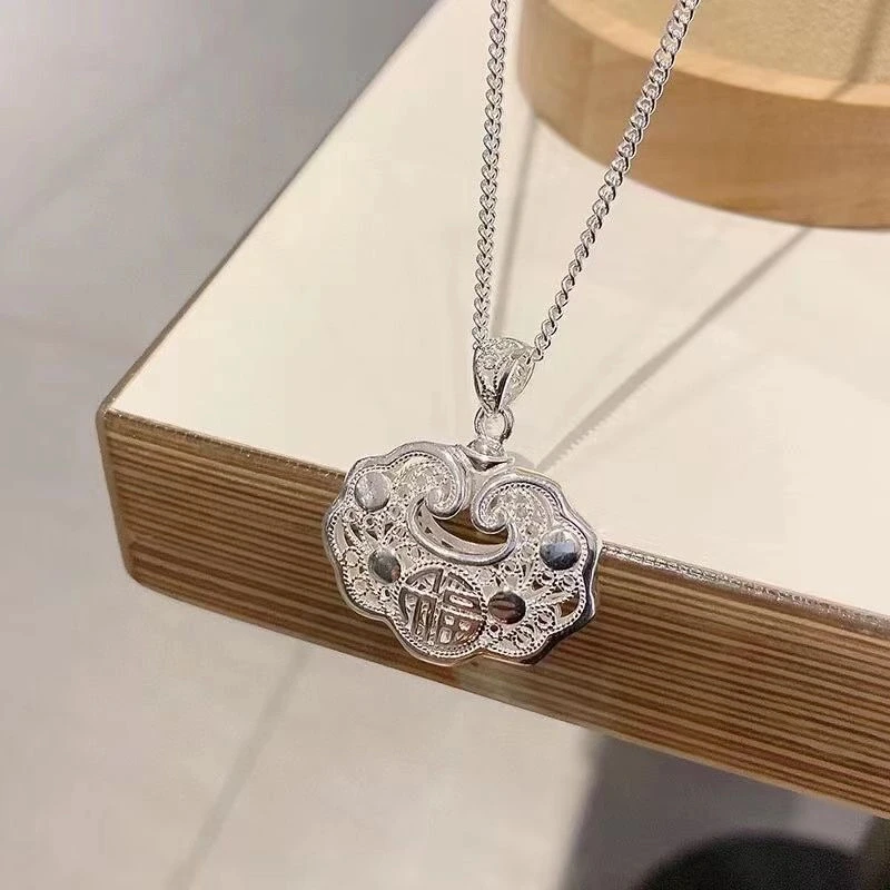 吊坠足银 足银999祥云福字无铃铛银锁手工编绳宝宝成人编绳平安锁