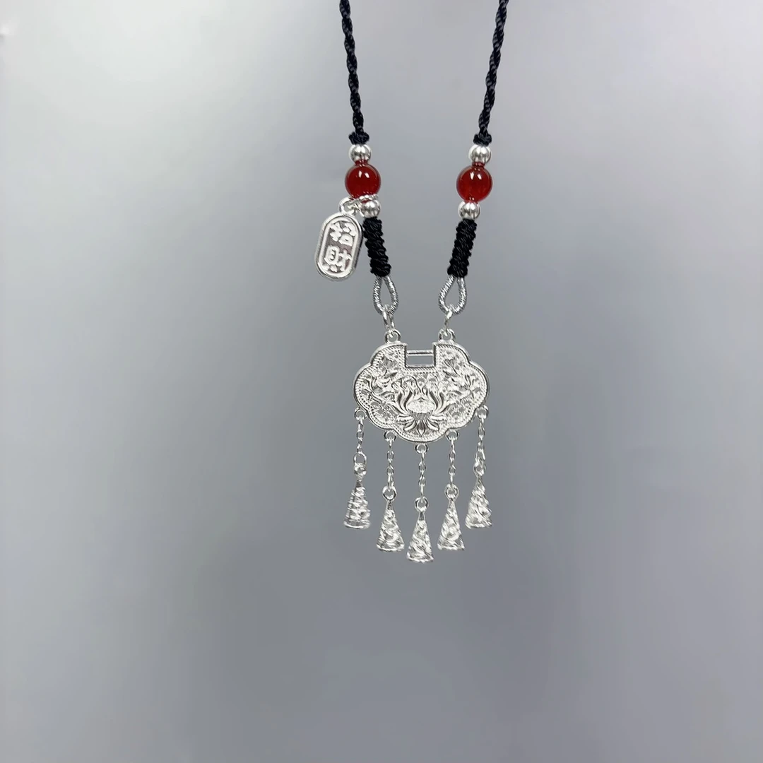 吊坠足银 足银999莲花平安锁好运连连古风纯手工编绳长款项链挂坠