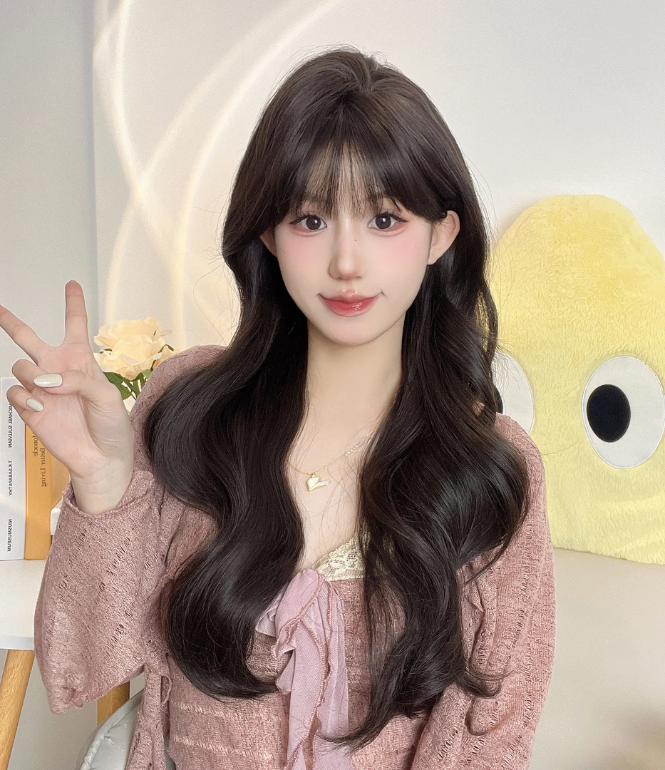 黑茶波浪卷氛围感空气刘海自然减龄气质纯欲修脸lolita全头套假发