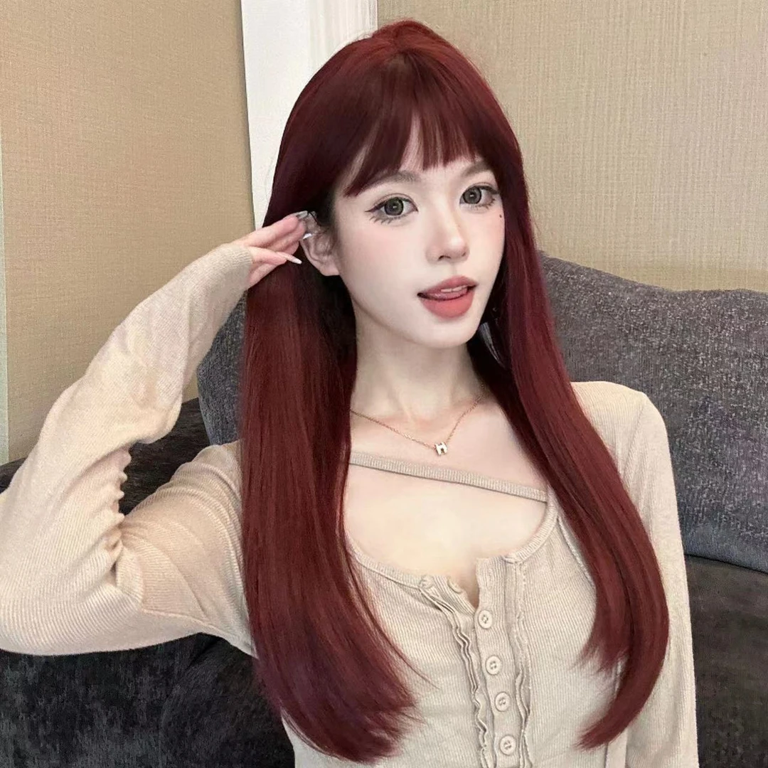 黛美假发玫红长直发人鱼红lolita空气刘海jk修脸cos全头套假发