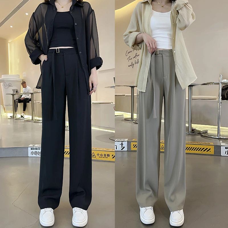乐库优高腰西装裤女春夏窄版感垂感宽松显瘦休闲直筒黑色阔腿裤子