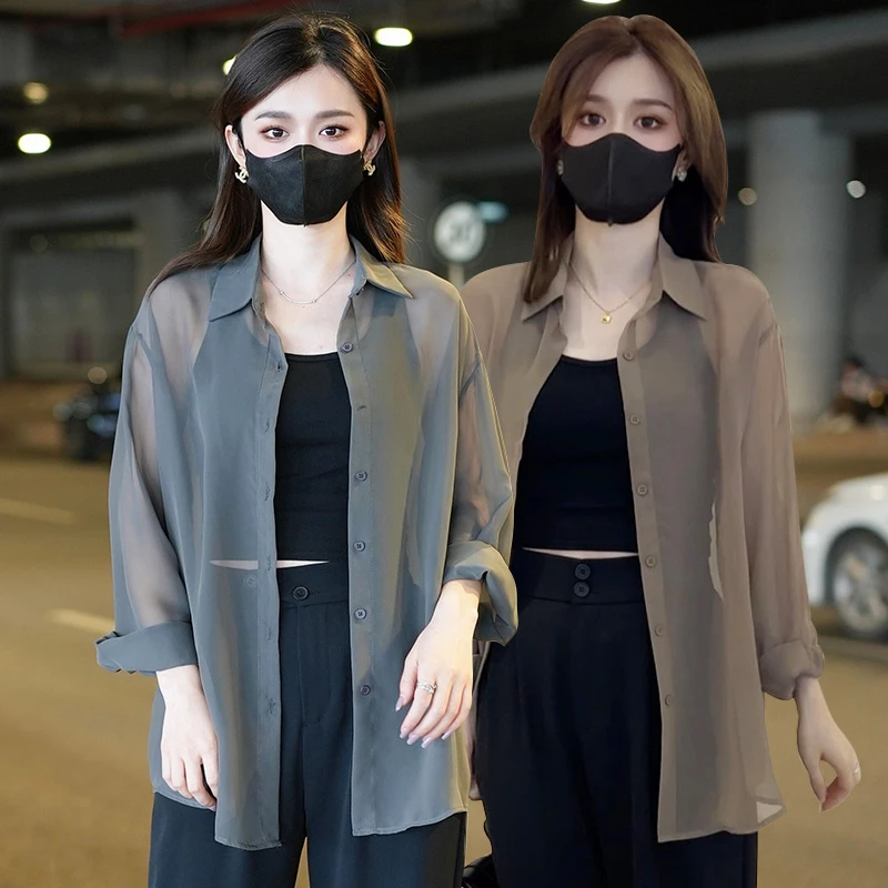 衬衫女夏季薄款透气网纱宽松衬衫长款洋气时尚韩版上衣气质休闲