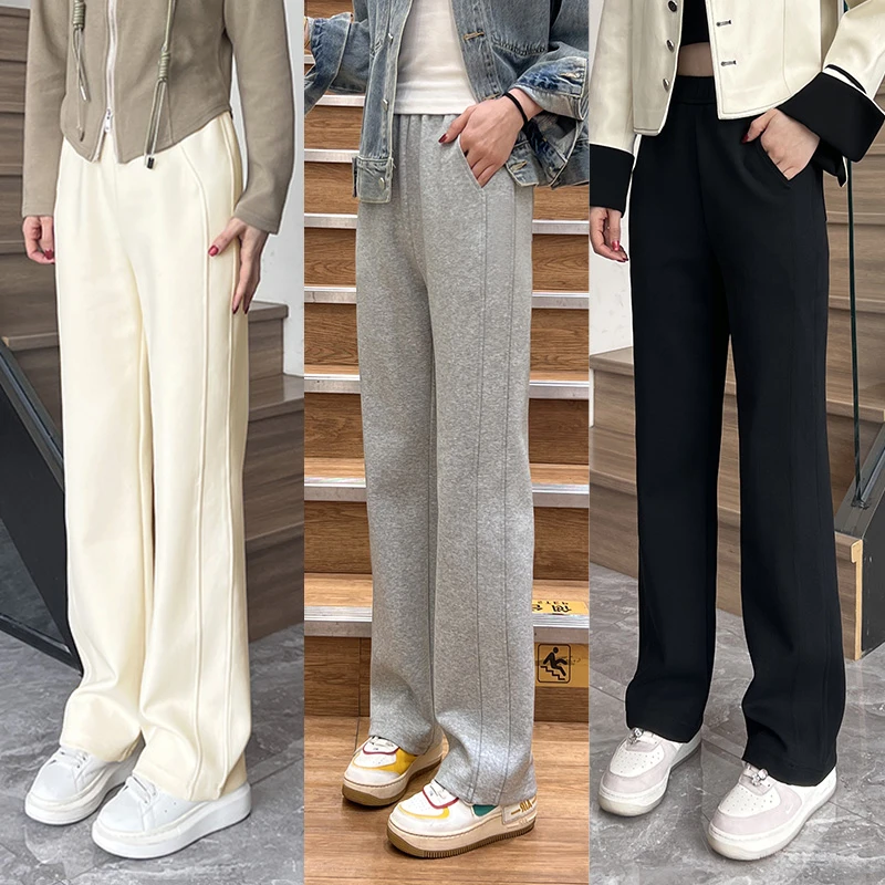 乐库优春秋新款太空棉窄版直筒裤女高腰垂感宽松显瘦百搭休闲长裤
