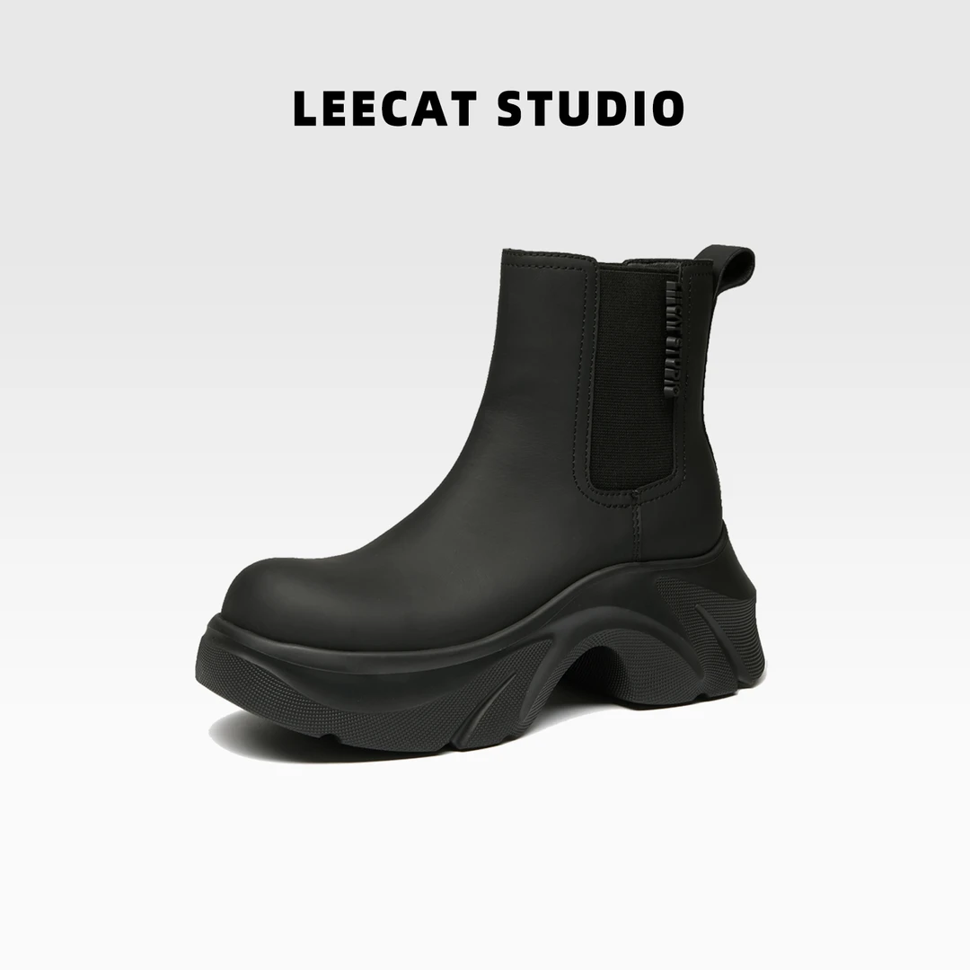 LeeCat Studio | 2025新款切尔西靴增高真皮复古烟筒靴W24600179