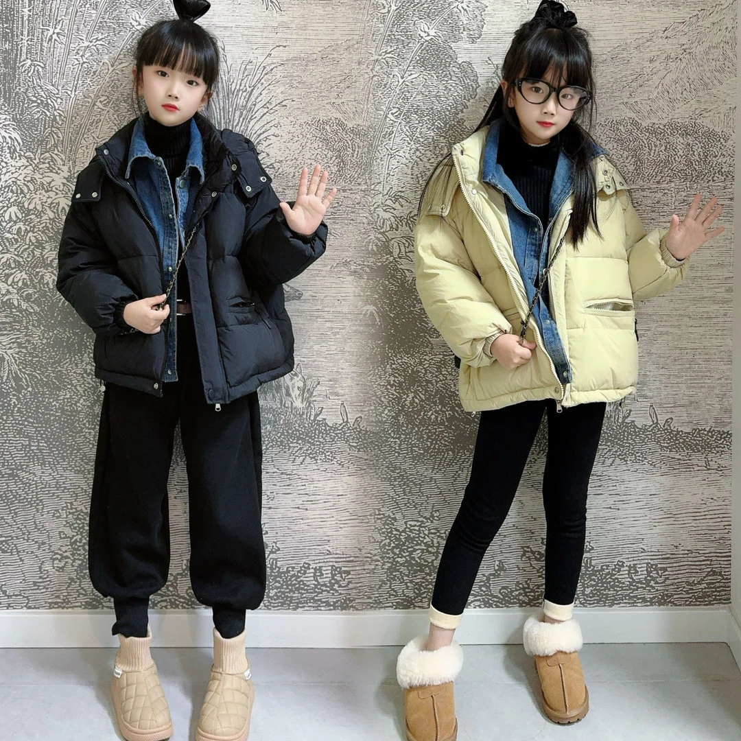 2024冬季新款洋气假两件牛仔拼接羽绒外套120-170