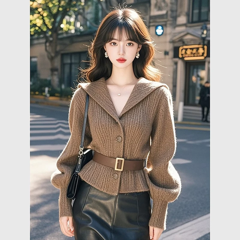 慵懒风咖色收腰针织毛衣外套女秋冬季时尚气质名媛高级感显瘦上衣