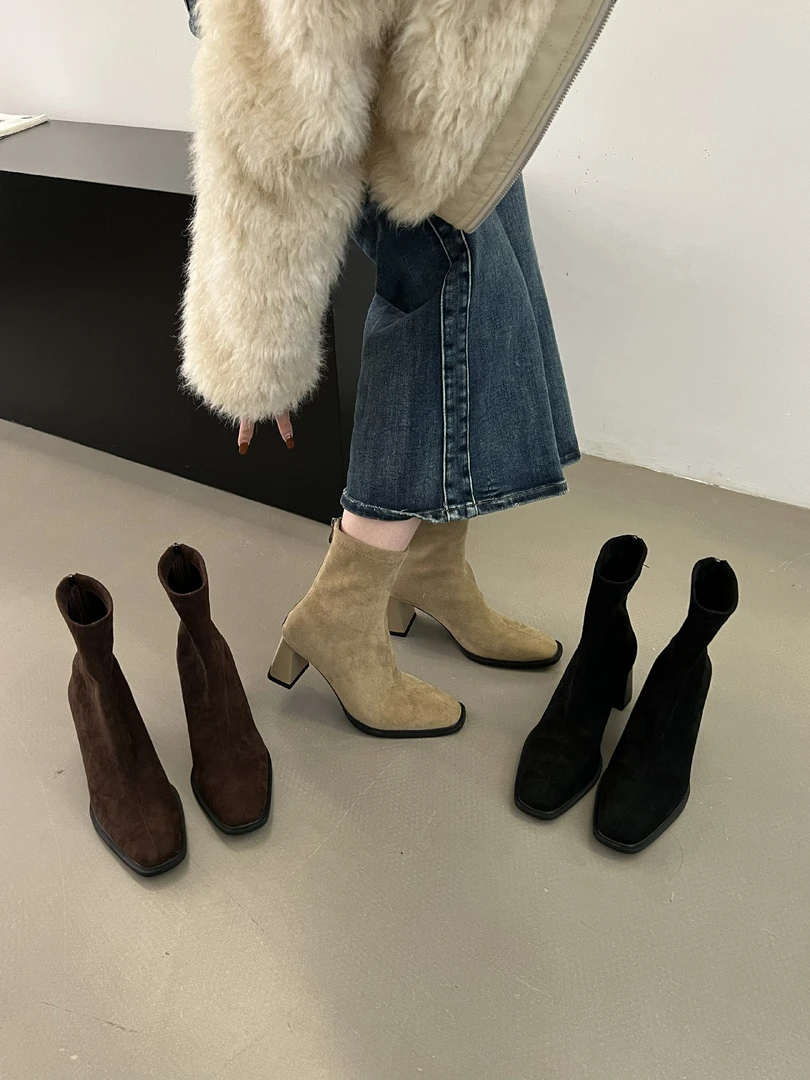 法式复古绒面粗高跟瘦瘦靴女2023年秋冬网红百搭方头后拉链时装靴