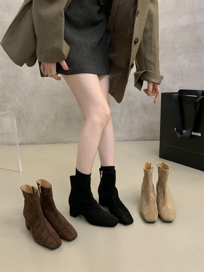 2024新款秋冬侧拉链复古深色绒面韩系小踝靴瘦瘦靴方头粗跟短靴女