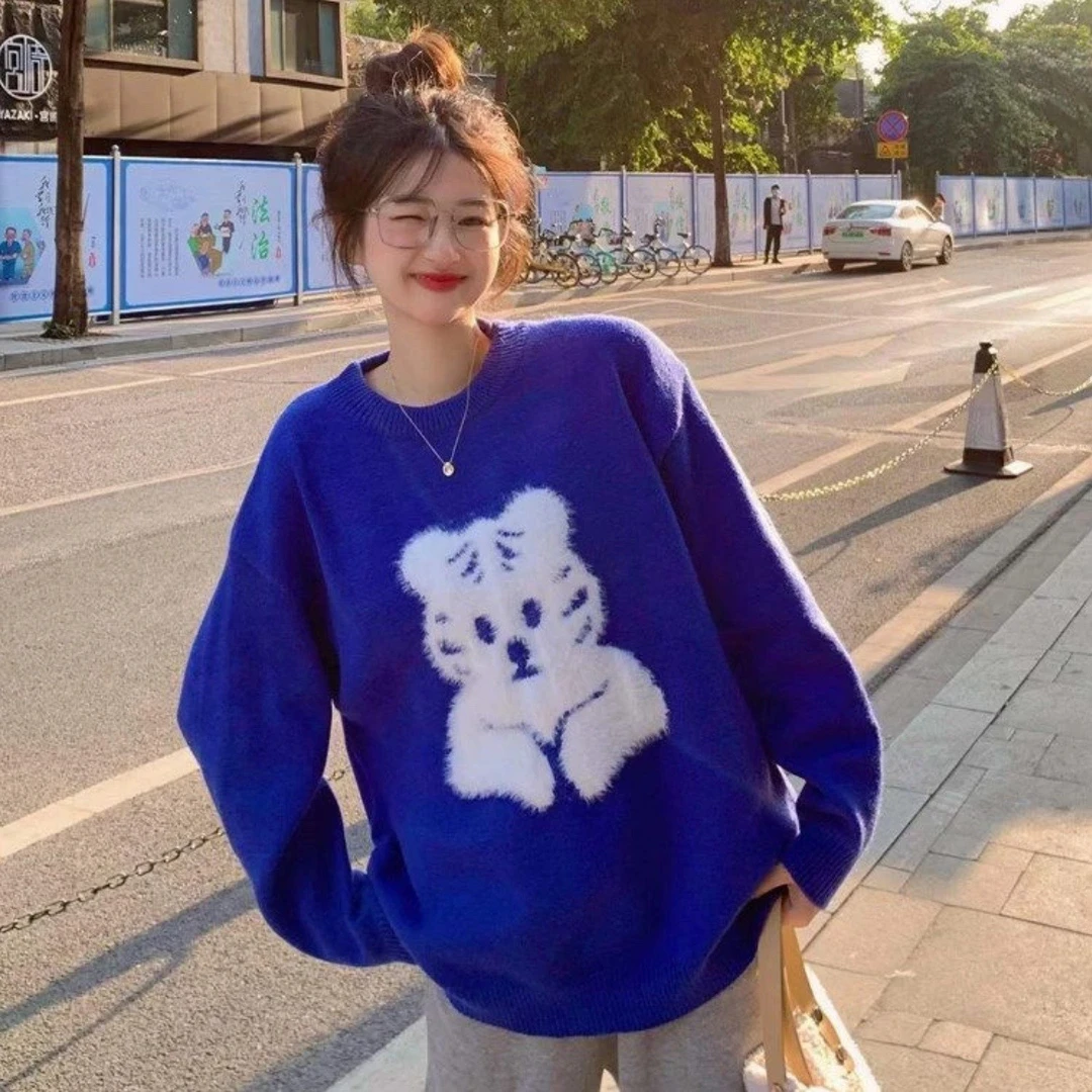 [2708] 蓝色情侣复古宽松慵懒风长袖针织衫女小众别致设计感上衣