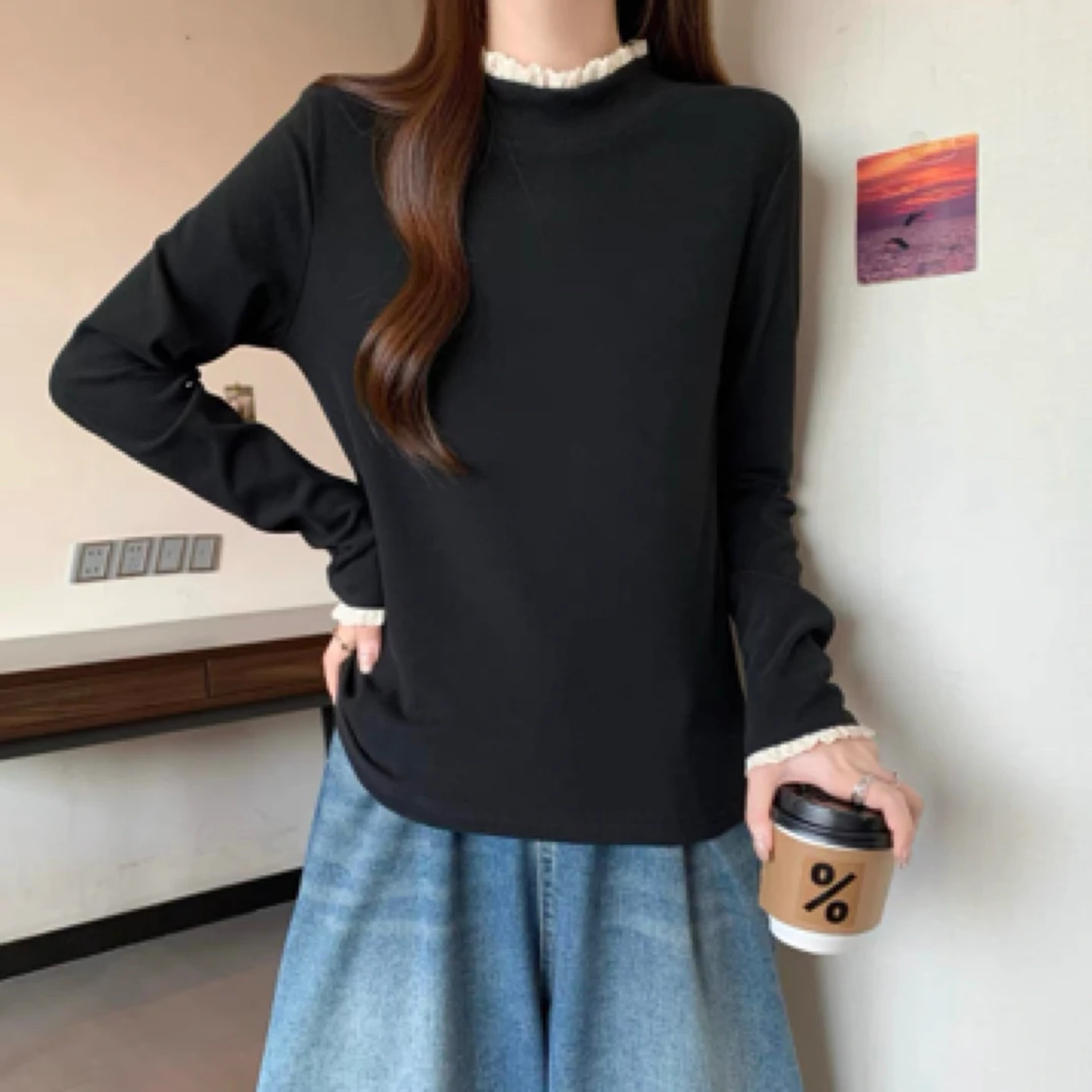 [蕾丝花边半8802]高领打底衫女新款秋冬白色木耳边内搭长袖针织