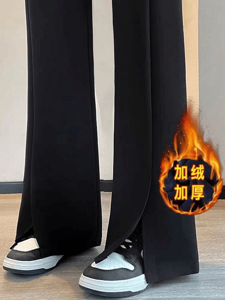 黑色加绒西装裤女秋冬高级感垂感微喇叭裤高腰显瘦开叉休闲阔腿裤