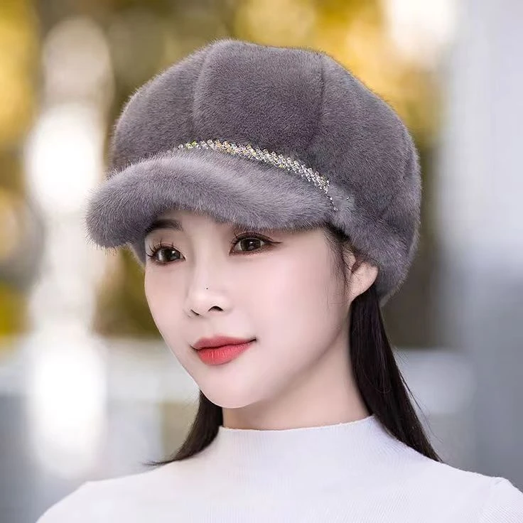 新款百搭帽子女八角帽水貂绒鸭舌帽时尚保暖加厚中老年妈妈贝雷帽