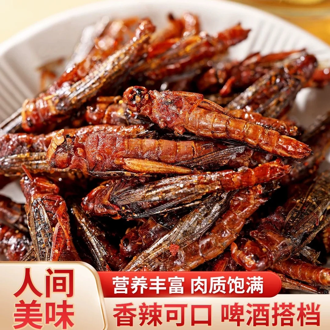 活动中新鲜油炸蚂蚱即食零食带翅膀蝗虫香辣五香小吃美食香酥麻辣
